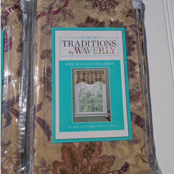 WAVERLY Navarra Antique Curtain Valances SET OF 3 Scalloped Valance Gold Floral - Picture 6 of 9